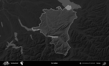 Aziz Gallen. İsviçre 'nin idari alanı kararmış bir gri tonlama yükseklik haritasına vurgulanmış ve özetlenmiştir