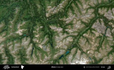 Albula. Temmuz 2022 'de çekilen Global Mozaik Sentinel-2 karolarından oluşan bir uydu görüntüsü üzerine İsviçre' nin idari bölgesi
