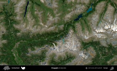 Bregaglia. Temmuz 2022 'de çekilen Global Mozaik Sentinel-2 karolarından oluşan bir uydu görüntüsü üzerine İsviçre' nin idari bölgesi