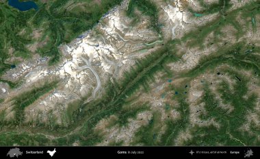Goms. Temmuz 2022 'de çekilen Global Mozaik Sentinel-2 karolarından oluşan bir uydu görüntüsü üzerine İsviçre' nin idari bölgesi