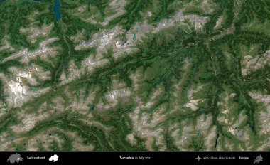 Surselva. Temmuz 2022 'de çekilen Global Mozaik Sentinel-2 karolarından oluşan bir uydu görüntüsü üzerine İsviçre' nin idari bölgesi