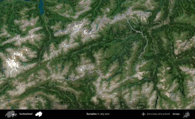 Surselva. İsviçre 'nin idari bölgesi, Temmuz 2022' de çekilen Global Mozaik Sentinel-2 karolarından oluşan bir uydu görüntüsüyle özetlenmiştir.