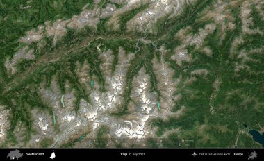Visp. İsviçre 'nin idari bölgesi, Temmuz 2022' de çekilen Global Mozaik Sentinel-2 karolarından oluşan bir uydu görüntüsüyle özetlenmiştir.