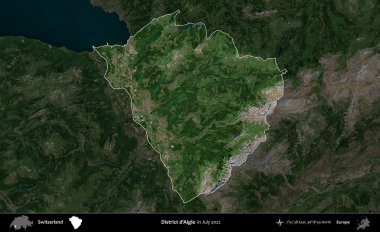 Aigle Bölgesi. İsviçre 'nin idari alanı, Temmuz 2022' de çekilen Global Mozaik Sentinel-2 karolarından oluşan koyu renkli bir uydu görüntüsü üzerine vurgulandı ve özetlendi.