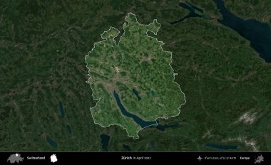 Zürih 'te. İsviçre 'nin idari alanı, Nisan 2022' de çekilen Global Mozaik Sentinel-2 karolarından oluşan koyu renkli bir uydu görüntüsü üzerine vurgulandı ve özetlendi.