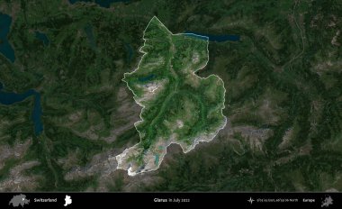 Glarus. İsviçre 'nin idari alanı, Temmuz 2022' de çekilen Global Mozaik Sentinel-2 karolarından oluşan koyu renkli bir uydu görüntüsü üzerine vurgulandı ve özetlendi.