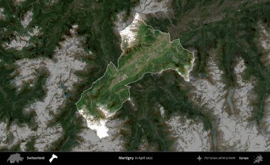 Martigny. İsviçre 'nin idari alanı, Nisan 2022' de çekilen Global Mozaik Sentinel-2 karolarından oluşan koyu renkli bir uydu görüntüsü üzerine vurgulandı ve özetlendi.