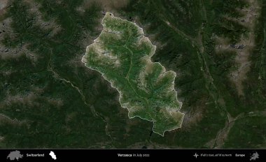 Verzasca. İsviçre 'nin idari alanı, Temmuz 2022' de çekilen Global Mozaik Sentinel-2 karolarından oluşan koyu renkli bir uydu görüntüsü üzerine vurgulandı ve özetlendi.