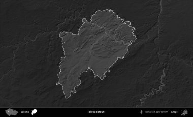 Tamam Beroun. Koyu gri tonlu yükselme haritasına göre Çek Cumhuriyeti 'nin idari bölgesi vurgulandı ve özetlendi