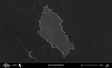 Tamam Ceske Budejovice. Koyu gri tonlu yükselme haritasına göre Çek Cumhuriyeti 'nin idari bölgesi vurgulandı ve özetlendi