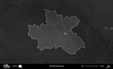 Kralovehradecky kraj. Koyu gri tonlu yükselme haritasına göre Çek Cumhuriyeti 'nin idari bölgesi vurgulandı ve özetlendi