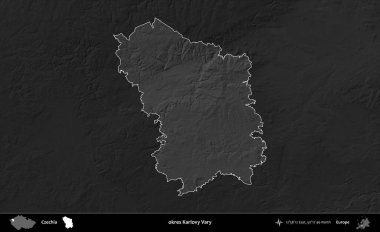 Tamam Karlovy Vary. Koyu gri tonlu yükselme haritasına göre Çek Cumhuriyeti 'nin idari bölgesi vurgulandı ve özetlendi