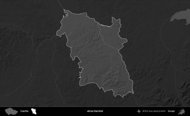 Tamam Karvina. Koyu gri tonlu yükselme haritasına göre Çek Cumhuriyeti 'nin idari bölgesi vurgulandı ve özetlendi