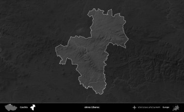Tamam Liberec. Koyu gri tonlu yükselme haritasına göre Çek Cumhuriyeti 'nin idari bölgesi vurgulandı ve özetlendi