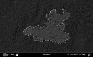Nova Bystrice. Koyu gri tonlu yükselme haritasına göre Çek Cumhuriyeti 'nin idari bölgesi vurgulandı ve özetlendi