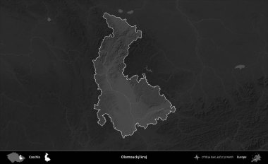 Olomoucky kraj. Koyu gri tonlu yükselme haritasına göre Çek Cumhuriyeti 'nin idari bölgesi vurgulandı ve özetlendi