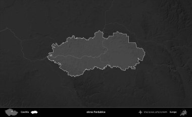 Tamam Pardubice. Koyu gri tonlu yükselme haritasına göre Çek Cumhuriyeti 'nin idari bölgesi vurgulandı ve özetlendi