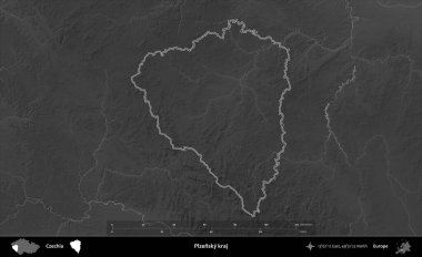 Plzensky kraj. Gri tonlu yükseklik haritasına göre Çek Cumhuriyeti 'nin idari bölgesi