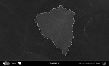 Plzensky kraj. Koyu gri tonlu yükselme haritasına göre Çek Cumhuriyeti 'nin idari bölgesi vurgulandı ve özetlendi