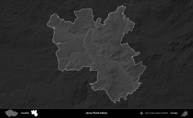 Tamam Plzen-mesto. Koyu gri tonlu yükselme haritasına göre Çek Cumhuriyeti 'nin idari bölgesi vurgulandı ve özetlendi