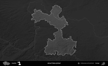 Tamam Praha-vychod. Koyu gri tonlu yükselme haritasına göre Çek Cumhuriyeti 'nin idari bölgesi vurgulandı ve özetlendi