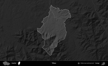 Trinec. Koyu gri tonlu yükselme haritasına göre Çek Cumhuriyeti 'nin idari bölgesi vurgulandı ve özetlendi