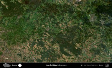 Tamam Ceska Lipa. Ekim 2021 'de çekilen Global Mozaik Sentinel-2 karolarından oluşan bir uydu görüntüsü üzerine Çek idari bölgesi