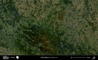 Tamam Klatovy. Ekim 2021 'de çekilen Global Mozaik Sentinel-2 karolarından oluşan bir uydu görüntüsü üzerine Çek idari bölgesi