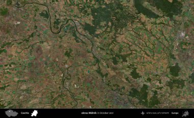 Tamam Melnik. Ekim 2021 'de çekilen Global Mozaik Sentinel-2 karolarından oluşan bir uydu görüntüsü üzerine Çek idari bölgesi