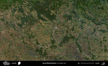 okres Mlada Boleslav. Ekim 2021 'de çekilen Global Mozaik Sentinel-2 karolarından oluşan bir uydu görüntüsü üzerine Çek idari bölgesi