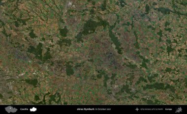 Tamam Nymburk. Ekim 2021 'de çekilen Global Mozaik Sentinel-2 karolarından oluşan bir uydu görüntüsü üzerine Çek idari bölgesi
