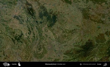 Olomoucky kraj. Ekim 2021 'de çekilen Global Mozaik Sentinel-2 karolarından oluşan bir uydu görüntüsü üzerine Çek idari bölgesi