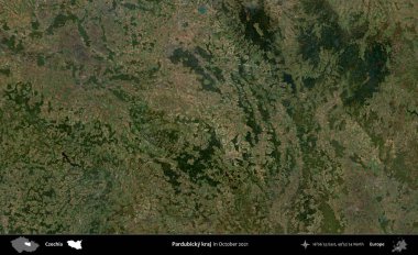 Parbicky Kraj. Ekim 2021 'de çekilen Global Mozaik Sentinel-2 karolarından oluşan bir uydu görüntüsü üzerine Çek idari bölgesi