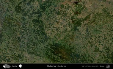 Plzensky kraj. Ekim 2021 'de çekilen Global Mozaik Sentinel-2 karolarından oluşan bir uydu görüntüsü üzerine Çek idari bölgesi
