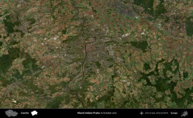 Hlavni mesto Praha. Ekim 2021 'de çekilen Global Mozaik Sentinel-2 karolarından oluşan bir uydu görüntüsü üzerine Çek idari bölgesi