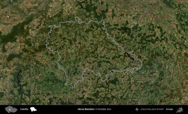 Tamam Benesov. Ekim 2021 'de çekilen Global Mozaik Sentinel-2 karolarından oluşan bir uydu görüntüsü Çek idari bölgesinde özetlendi