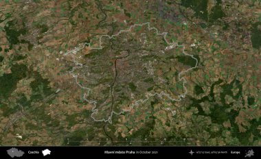 Hlavni mesto Praha. Ekim 2021 'de çekilen Global Mozaik Sentinel-2 karolarından oluşan bir uydu görüntüsü Çek idari bölgesinde özetlendi