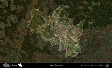 Brno. Ekim 2021 'de çekilen Global Mozaik Sentinel-2 karolarından oluşan koyu renkli bir uydu görüntüsü Çek idari bölgesinde vurgulandı ve özetlendi