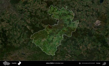 Tamam Decin. Ekim 2021 'de çekilen Global Mozaik Sentinel-2 karolarından oluşan koyu renkli bir uydu görüntüsü Çek idari bölgesinde vurgulandı ve özetlendi