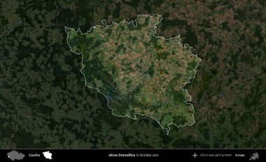 Tamam Domazlice. Ekim 2021 'de çekilen Global Mozaik Sentinel-2 karolarından oluşan koyu renkli bir uydu görüntüsü Çek idari bölgesinde vurgulandı ve özetlendi