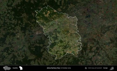 Tamam Karlovy Vary. Ekim 2019 'da çekilen Global Mozaik Sentinel-2 karolarından oluşan koyu renkli bir uydu görüntüsü Çek idari bölgesinin altını çizdi ve özetledi.