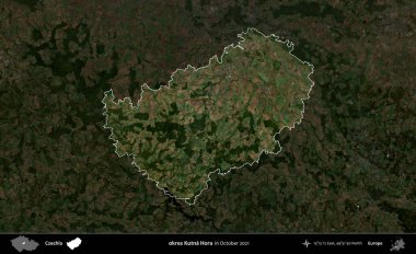 Tamam Kutna Hora. Ekim 2021 'de çekilen Global Mozaik Sentinel-2 karolarından oluşan koyu renkli bir uydu görüntüsü Çek idari bölgesinde vurgulandı ve özetlendi