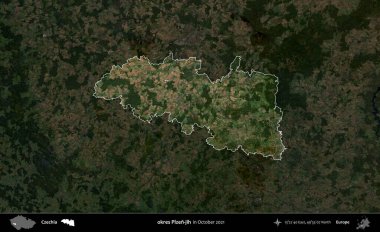 Tamam Plzen-jih. Ekim 2021 'de çekilen Global Mozaik Sentinel-2 karolarından oluşan koyu renkli bir uydu görüntüsü Çek idari bölgesinde vurgulandı ve özetlendi