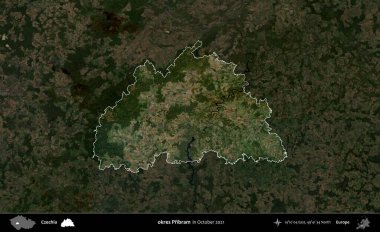 Tamam Pribram. Ekim 2021 'de çekilen Global Mozaik Sentinel-2 karolarından oluşan koyu renkli bir uydu görüntüsü Çek idari bölgesinde vurgulandı ve özetlendi