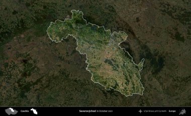 Severovychod. Ekim 2021 'de çekilen Global Mozaik Sentinel-2 karolarından oluşan koyu renkli bir uydu görüntüsü Çek idari bölgesinde vurgulandı ve özetlendi