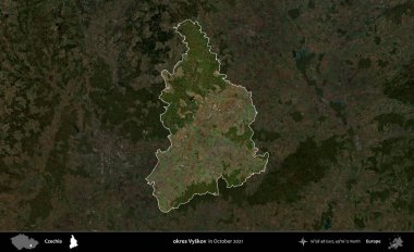 Tamam Vyskov. Ekim 2021 'de çekilen Global Mozaik Sentinel-2 karolarından oluşan koyu renkli bir uydu görüntüsü Çek idari bölgesinde vurgulandı ve özetlendi