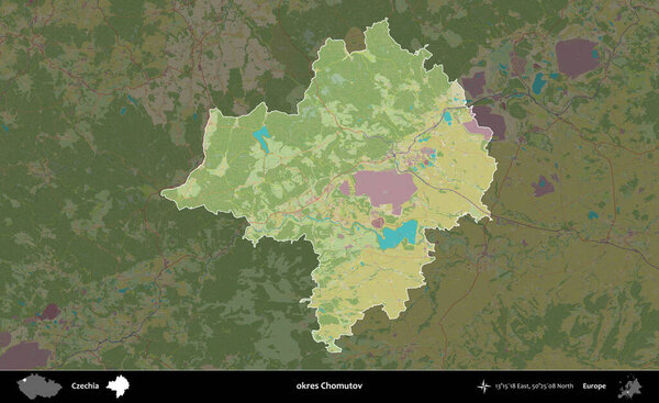 okres Chomutov. Administrative area of Czechia highlighted and outlined on a darkened Topographic Humanitarian style map
