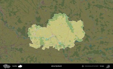 okres Nymburk. Administrative area of Czechia highlighted and outlined on a darkened Topographic Humanitarian style map