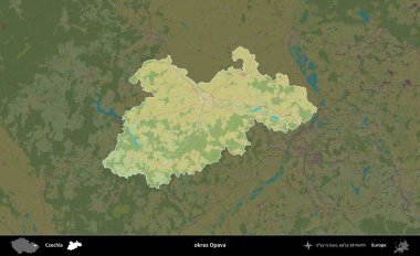 Tamam Opava. Koyu renkli bir Topografik İnsani Yardım Stili Haritasında Çek İdari Alanı vurgulandı ve özetlendi