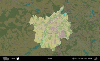 Ostrava. Koyu renkli bir Topografik İnsani Yardım Stili Haritasında Çek İdari Alanı vurgulandı ve özetlendi